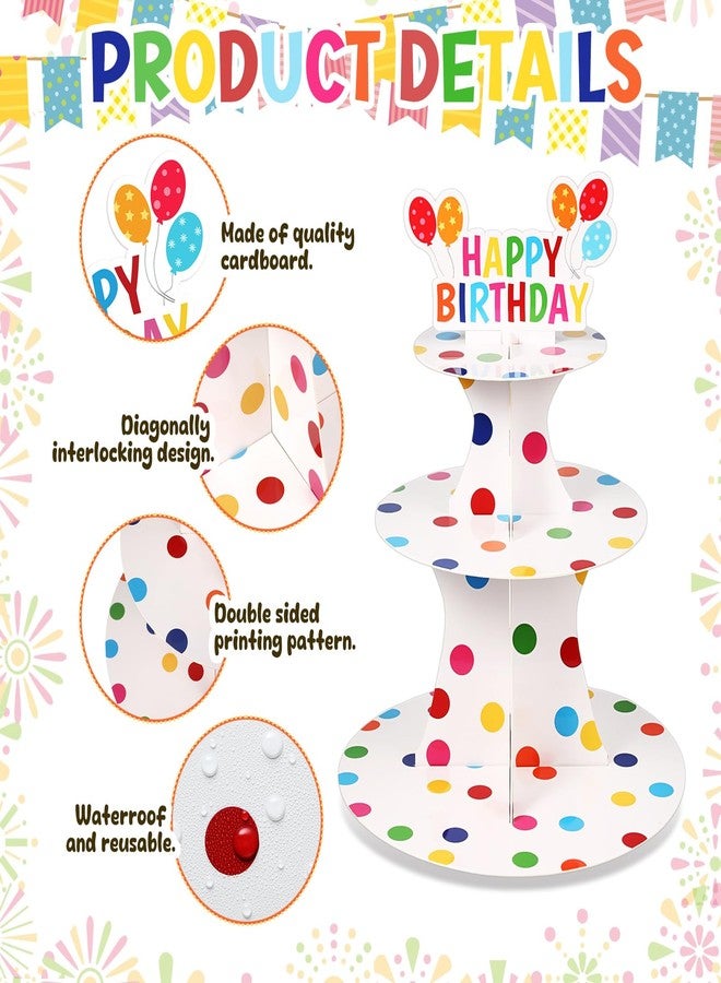Zopeal Happy Birthday Cupcake Stand 3 Tier Birthday Party Cupcake Holder Polka Dots Cake Stand Holder Cardboard Dessert Tower for Theme Party Supplies Cake Decorations - Image 4
